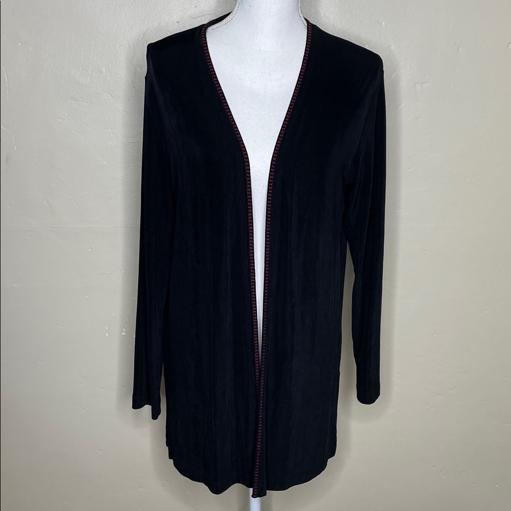 CHICO’S Travelers Long Black Cardigan Red Trim Liquid Knit Open Front Size 8